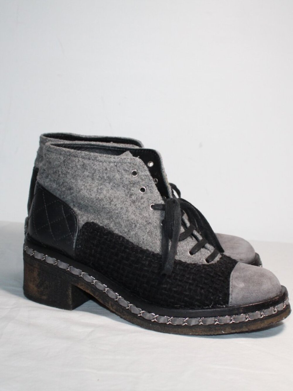 Chanel CC Tweed Black Leather Quilted Heel Booties Lace Up Chunk Heels Boots 38